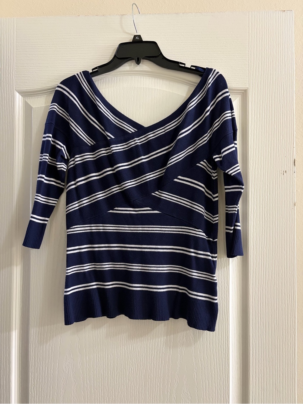 New York & Company Navy and White Off-the-Shoulder Striped Sweater